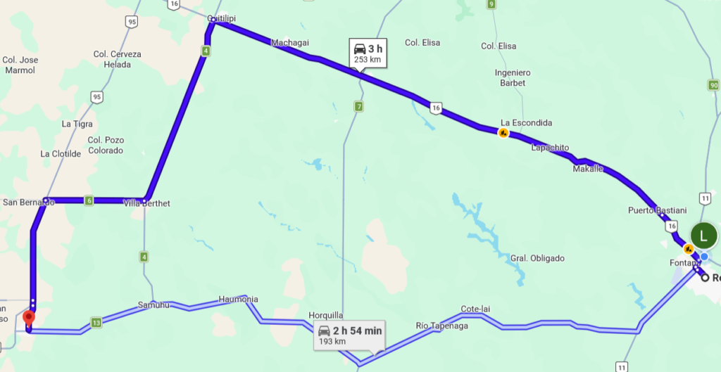 Mapa mostrando las opciones para llegar a Villa Ángela desde Ressistencia por RN16 o RP13 según Google Maps. La ruta 13 es más corta pero demanda casi el mismo tiempo y camino de tierra.